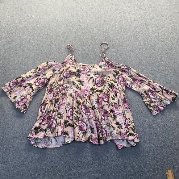Torrid Women's Babydoll Textured Rayon Cold Shoulder Top Blush Floral Size 1 - Picture 10 of 13
